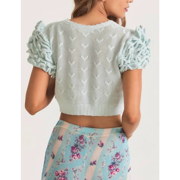 LoveShackFancy Preilla Crop Knit Cardigan New Large Mint Frost - Picture 2 of 15